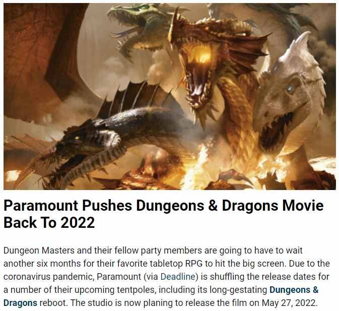 《龙与地下城》真人电影延期 计划于2022年5月上映