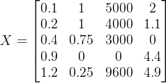 X=\begin{bmatrix} 0.1&1 &5000 &2\\ 0.2 &1 &4000& 1.1\\ 0.4 &0.75& 3000& 0\\ 0.9 &0& 0 &4.4\\ 1.2 &0.25&9600& 4.9\\ \end{bmatrix}