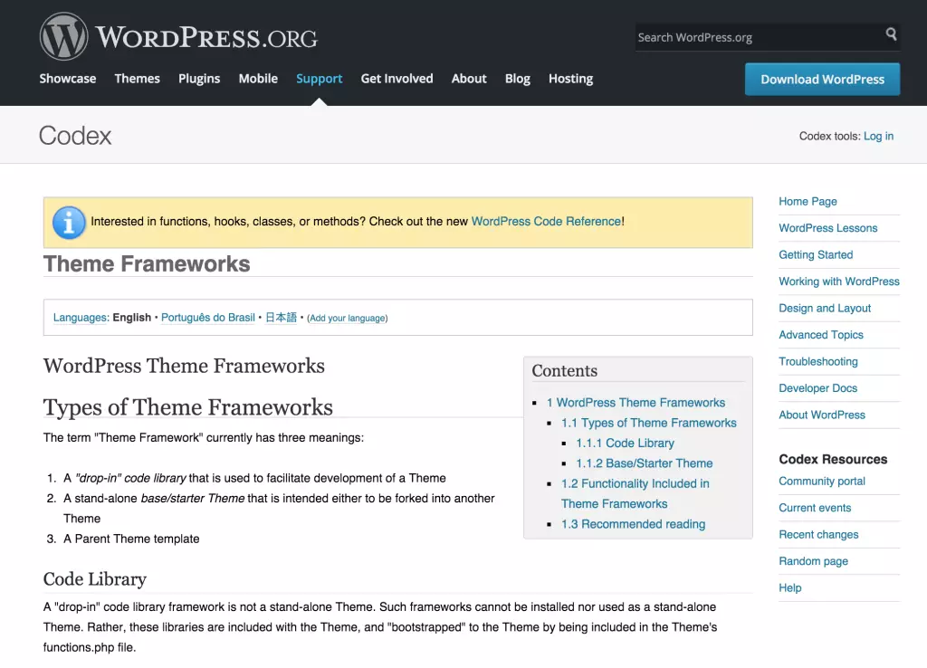 Theme Frameworks WordPress Codex 