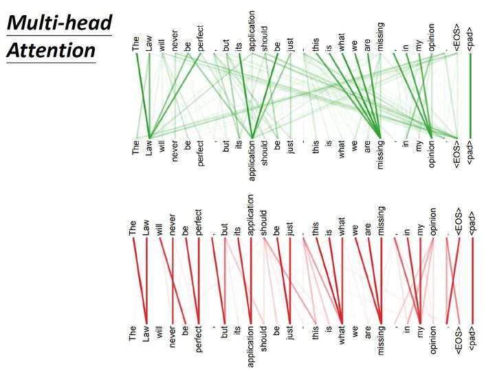 图15：Multi-head Self-attention的不同head分别关注了global和local的讯息
